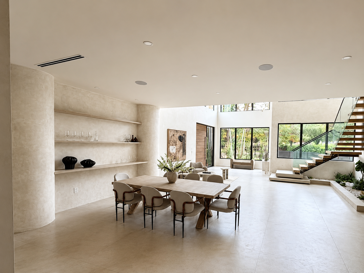 Minimalist luxury kitchen with honed marble island and warm oak cabinetry