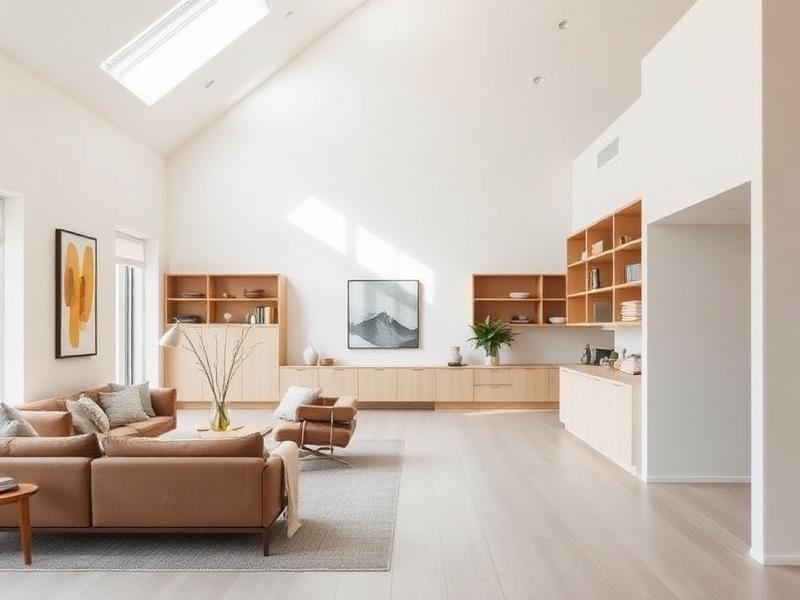 Open plan living room with lime wash walls and bespoke shelving